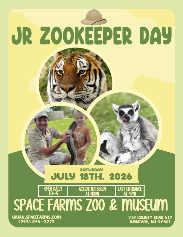 Poster for Jr Zookeeper Day at Space Farms, July 18, 2026, featuring a tiger, lemur, and children with a snake.